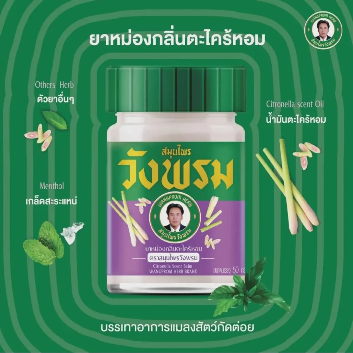 Baume Thai Wang Prom aux herbes, à la citronnelle et à la menthe